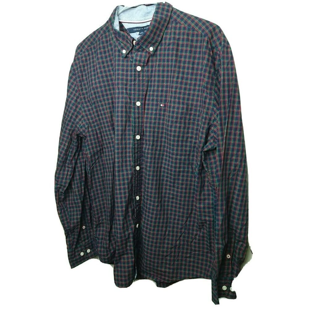 TOMMY Hilfiger Men's Long Sleeve Blue Red Green Plaid Classic Fit  Dress Shirt.
